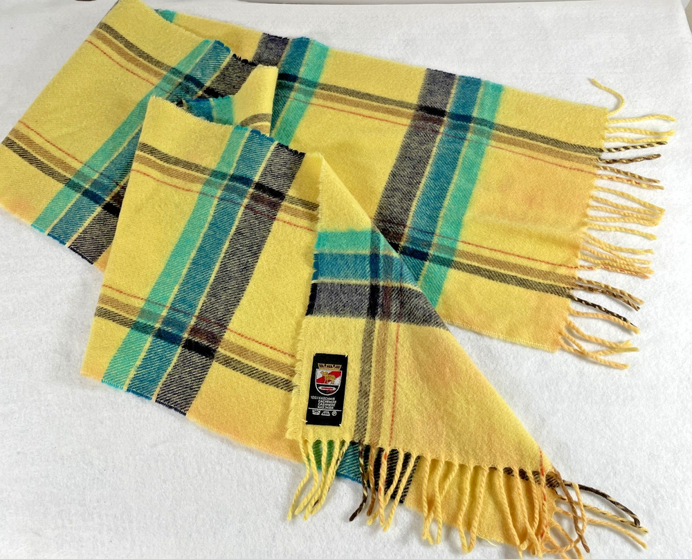 Vintage 100% Cashmere Scarf – Yellow Plaid – Crest Label – Italy/Scotland 1990s